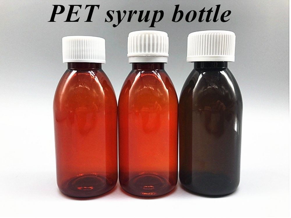 100ml 120ml Botol Sirup Plastik Amber Cairan dengan tutup sekrup Botol Plastik Sirup Amber PET Bulat Kosong