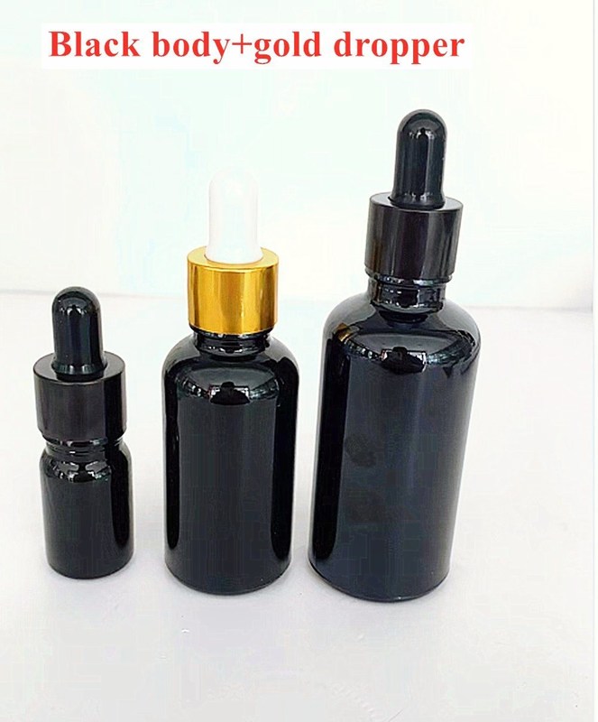 10ml 20ml 30ml 50ml Botol minyak esensial bulat kosong Botol dropper kaca hitam berkilau dengan Piegette kaca kalibrasi
