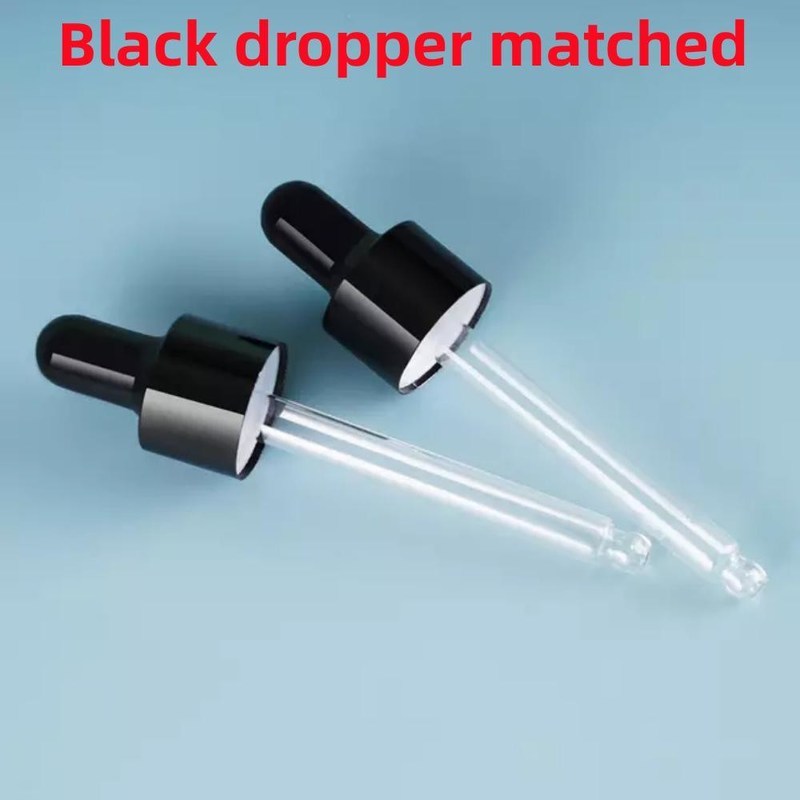 10ml 20ml 30ml 50ml Botol minyak esensial bulat kosong Botol dropper kaca hitam berkilau dengan Piegette kaca kalibrasi