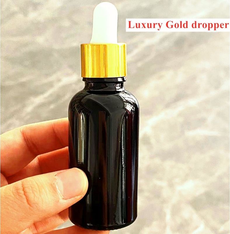 Hitam 10, Ml 15ml 20ml 30ml 50ml kosong bulat hitam mengkilap Kaca botol dropper minyak esensial dengan cincin emas plastik