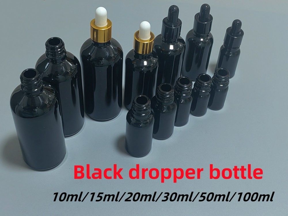 Hitam 10, Ml 15ml 20ml 30ml 50ml kosong bulat hitam mengkilap Kaca botol dropper minyak esensial dengan cincin emas plastik