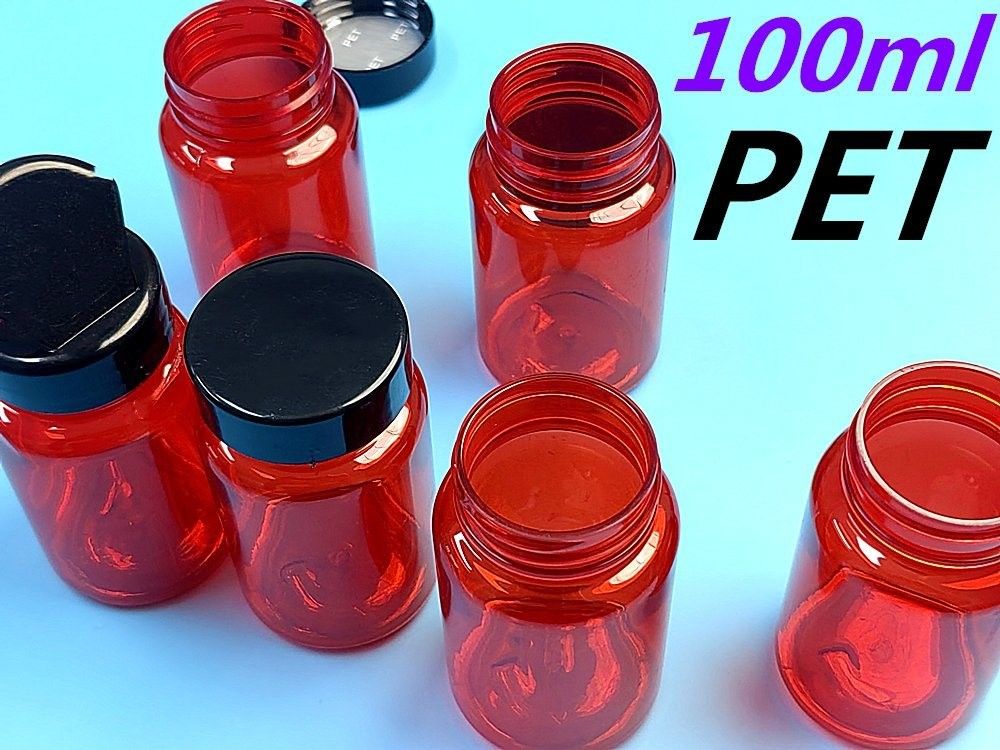 100ml Merah MOQ Rendah Botol Plastik Pil PET Kosong Custom Plastik Pil Vitamin Kapsul Botol dengan Cap Sekrup Flip Top Cap