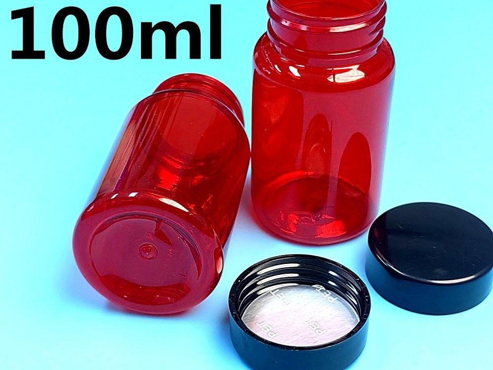 100ml Merah MOQ Rendah Botol Plastik Pil PET Kosong Custom Plastik Pil Vitamin Kapsul Botol dengan Cap Sekrup Flip Top Cap