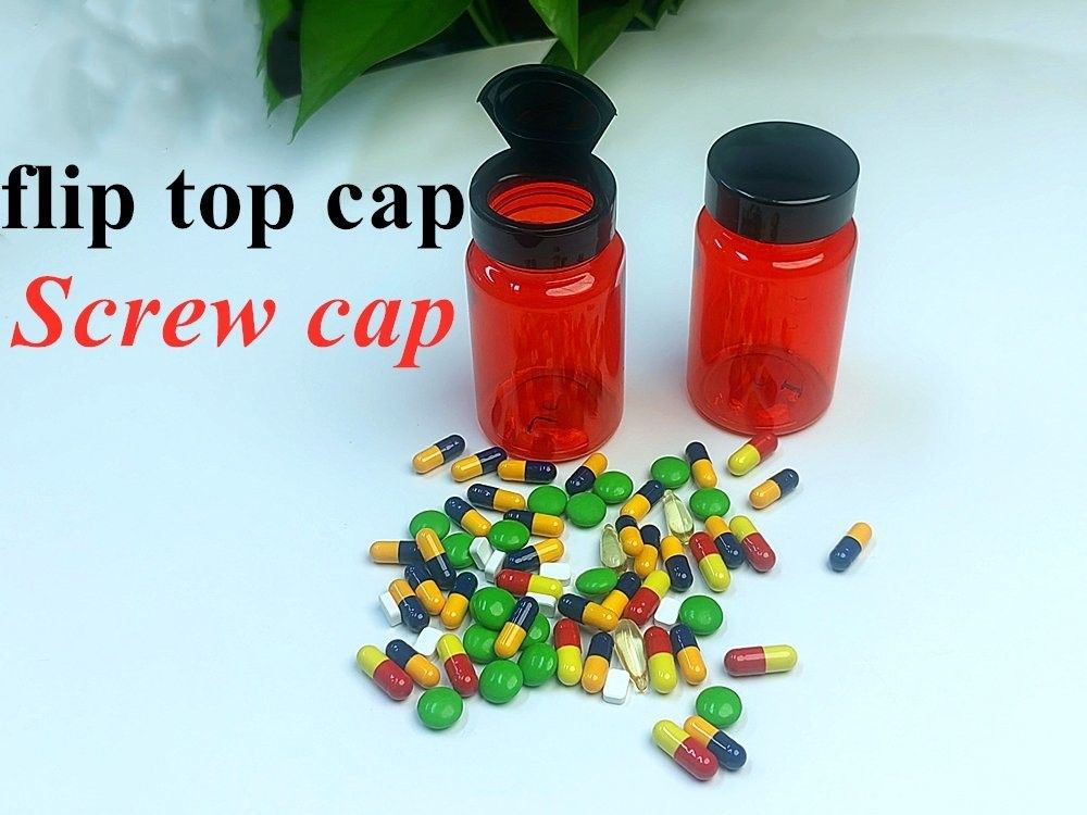 Perawatan Kesehatan Obat botol pil 100ml PET Capsule Plastik Merah Kemasan Obat vitamin botol dengan tutup sekrup