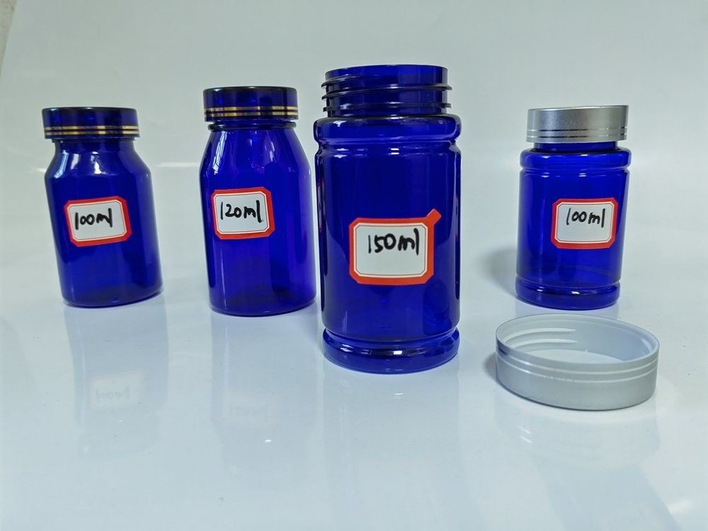 Plastik biru PET 100ml Kapsul botol pil dengan cap sekrup perak Obat Vitamin suplemen botol wadah