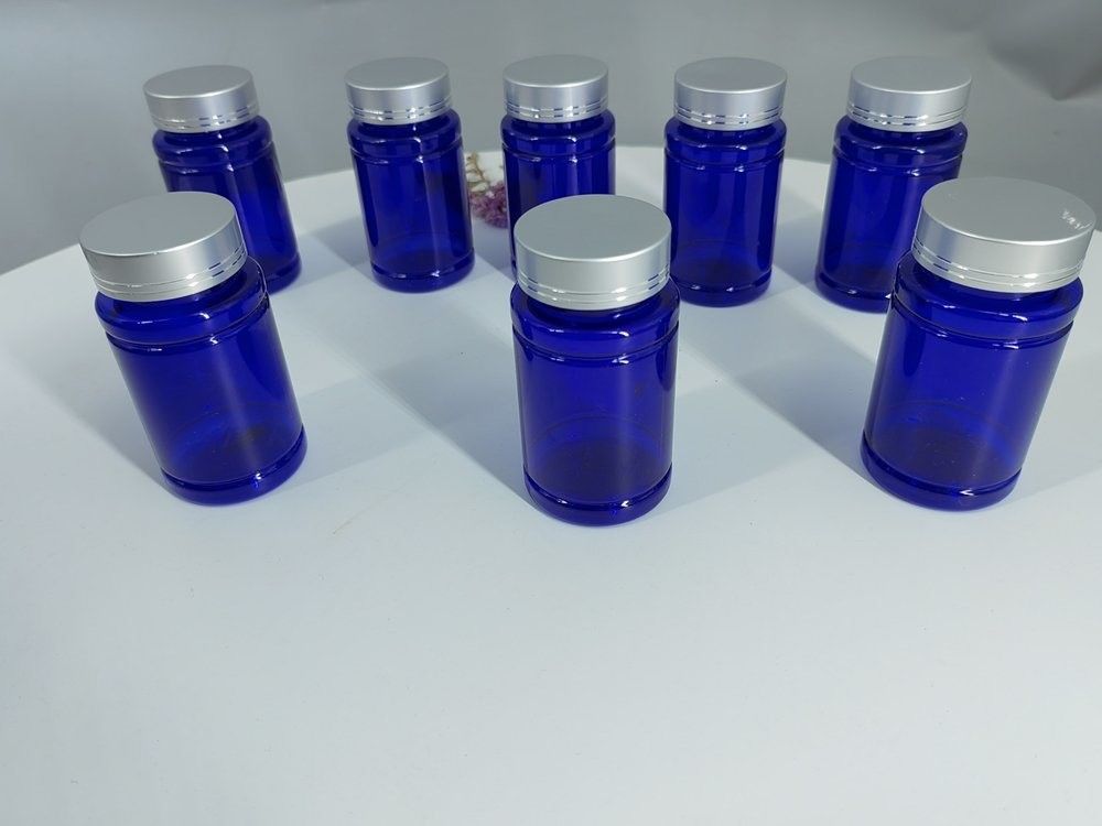 Plastik biru PET 100ml Kapsul botol pil dengan cap sekrup perak Obat Vitamin suplemen botol wadah