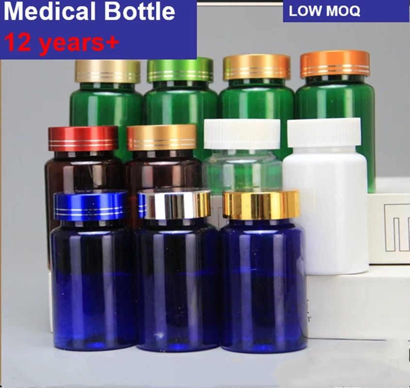 Plastik biru PET 100ml Kapsul botol pil dengan cap sekrup perak Obat Vitamin suplemen botol wadah