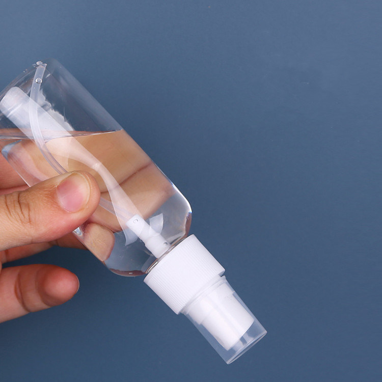 50ml portabel perjalanan kantong kecil transparan lotion alkohol desinfektan botol semprotan plastik PET bulat datar
